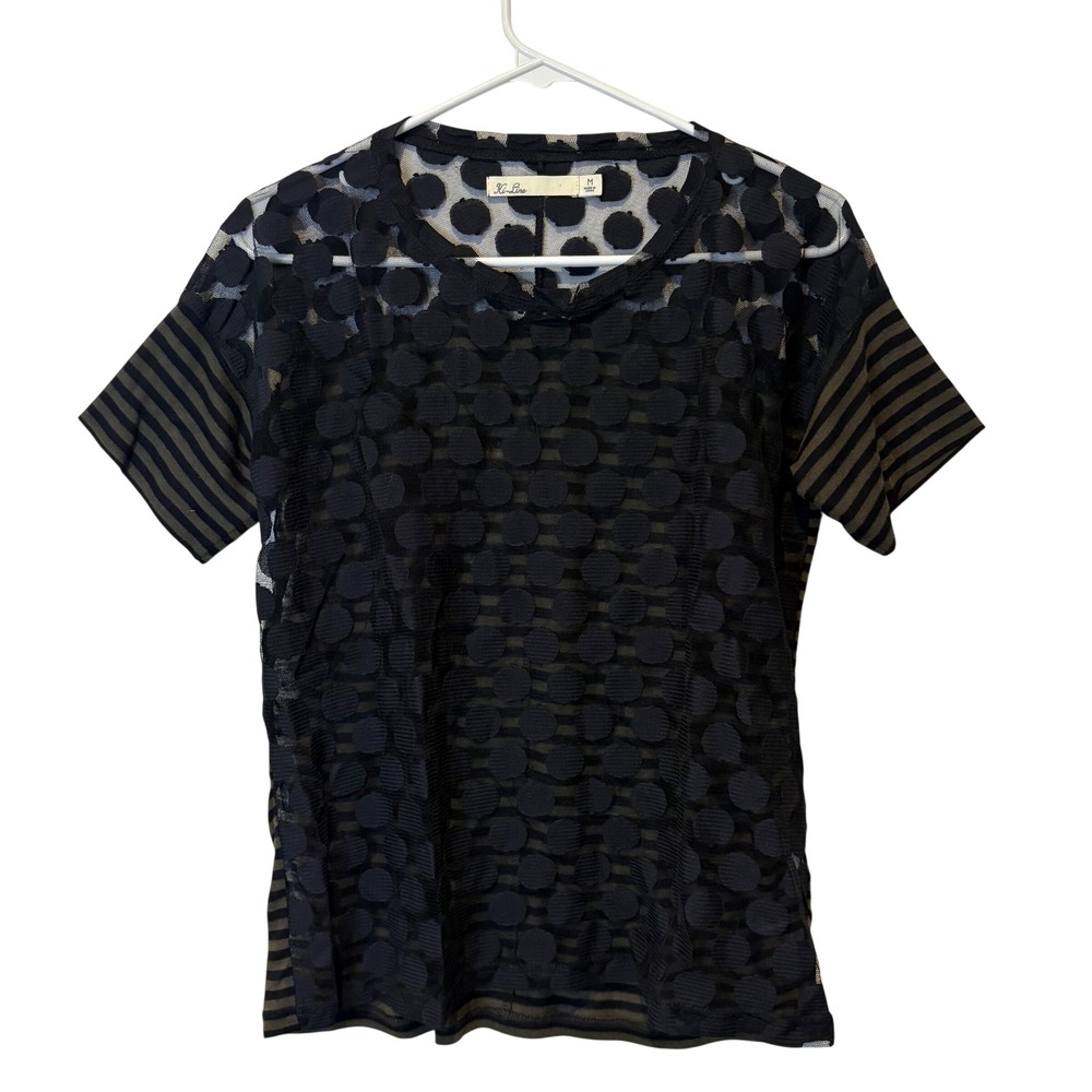 Hi Line Sheer Black Polka Dot Stripe Tunic Top Women's Size M Funky Maximalist‎